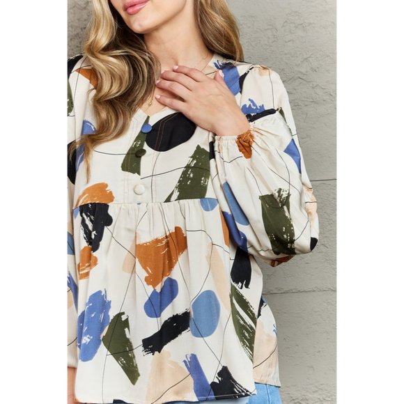 Multi Colored Printed Blouse w/ Lantern Sleeves Breathable Fabric Casual Formal - Picture 2 of 5